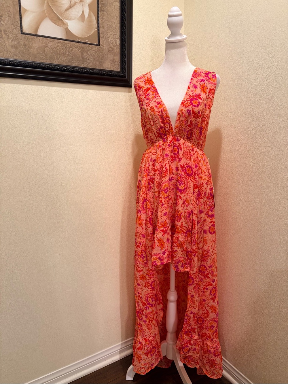 Meet Me In Santorini Floral V-Neck Pink/ Orange Maxi Dress  size Medium NWT
